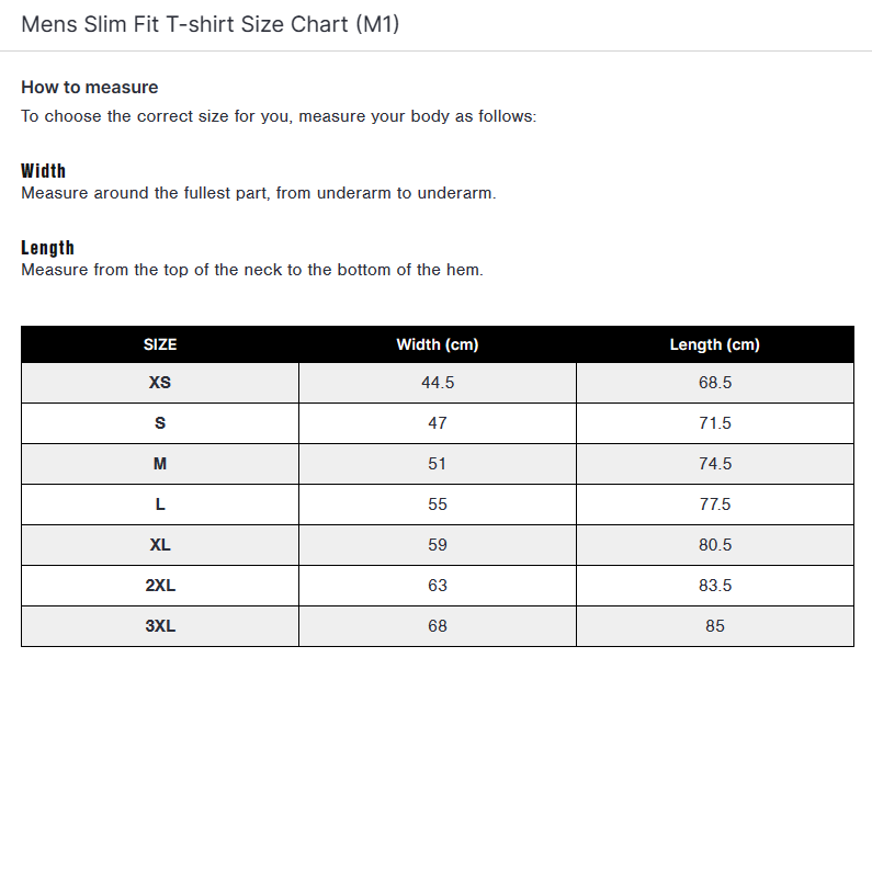 Mens Slim Fit Tee Shirt Size Guide