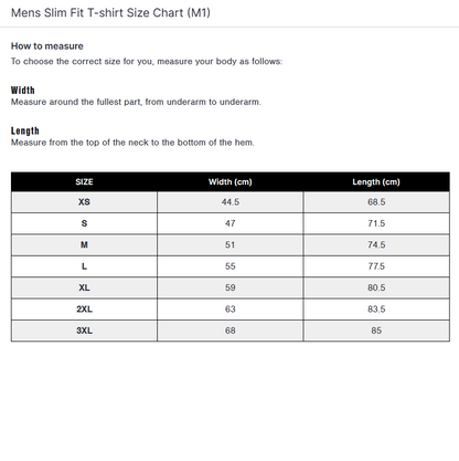 Mens Slim Fit Tee Shirt Size Guide