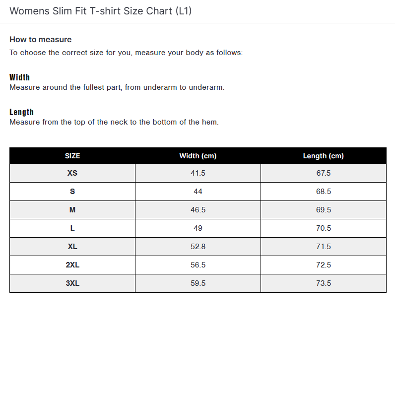 Womens Slim Fit Tee Shirt Size Guide