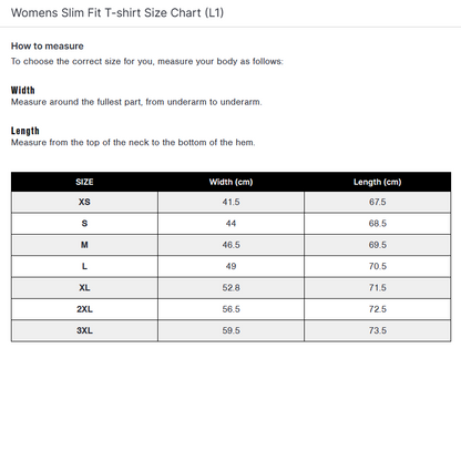 Womens Slim Fit Tee Shirt Size Guide